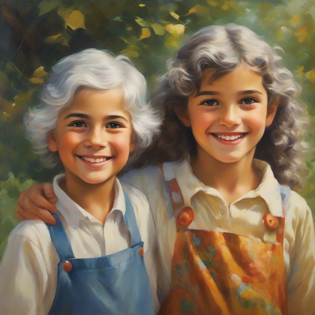 Grandma Wise grandma with silver hair, elegant attire, and mischievous eyes., Curious teenager with long, dark hair and a compassionate smile., and Playful pre-teen with short, curly hair and a mischievous grin. holding hands, united.