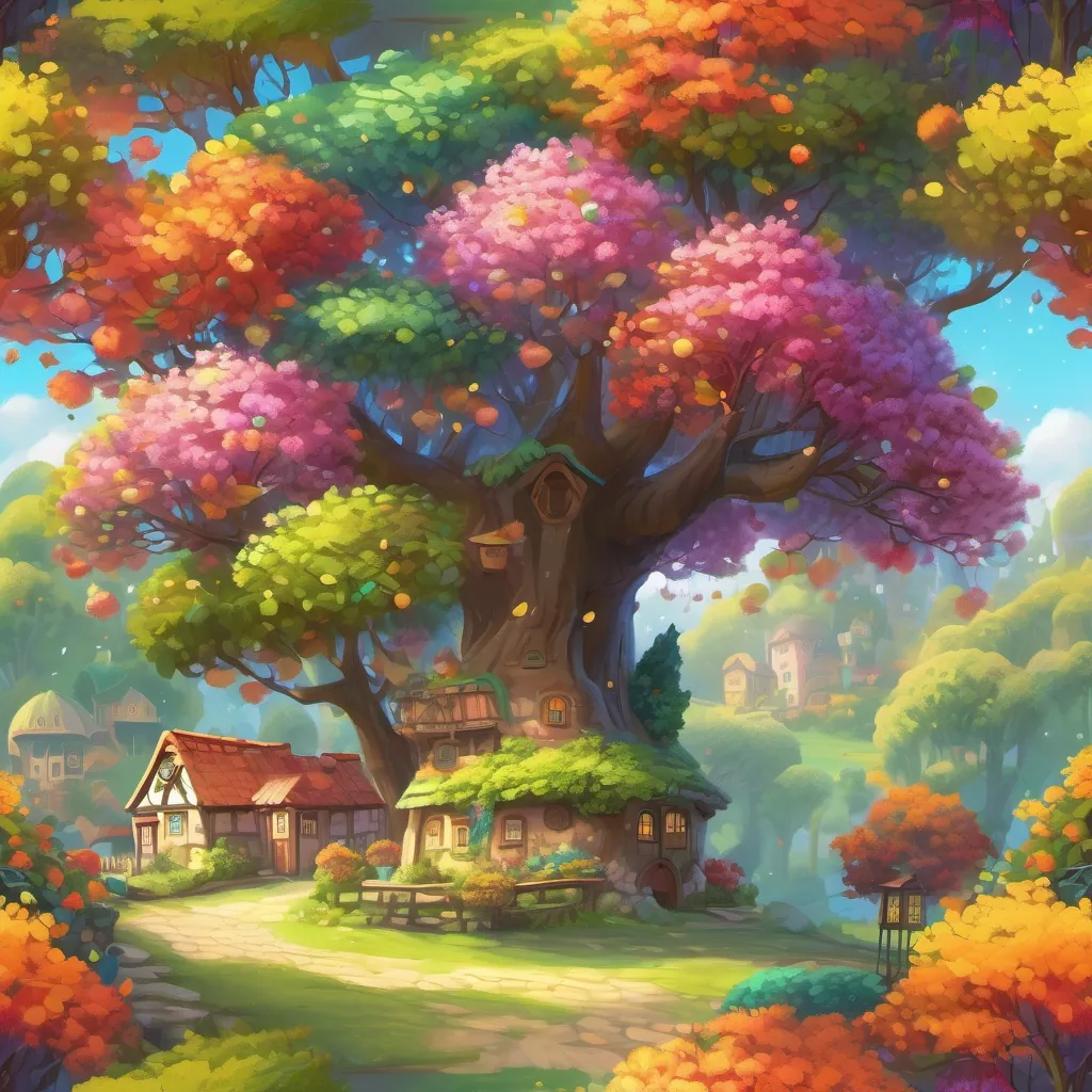 A vibrant, magical tree with colorful, sparkling leaves and tiny fruits, set in a whimsical village.