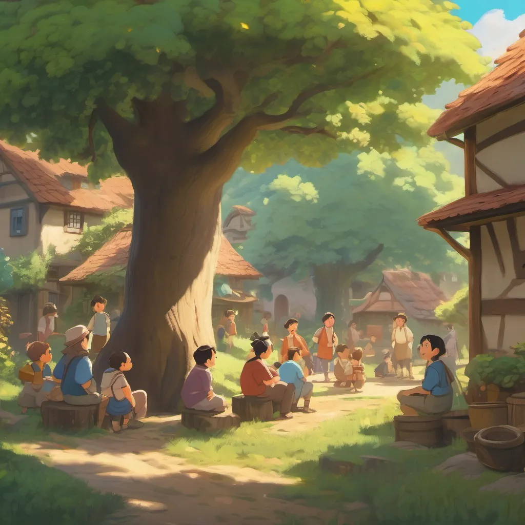 Villagers gathered around the tree, laughing and playing under the sunlight.