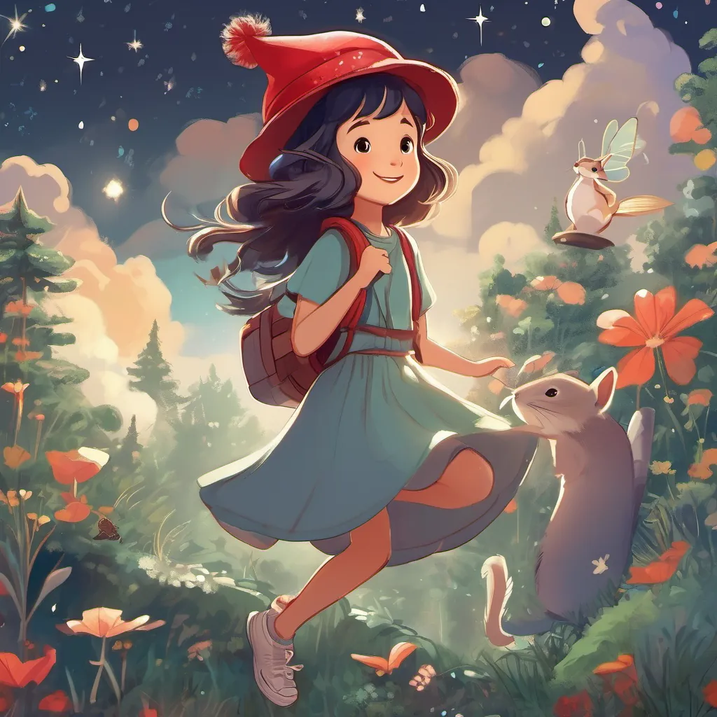 A curious young girl with a bright red hat, adventurous and full of wonder, A tiny fairy with dragonfly wings, sweet voice, sparkly appearance, and A friendly talking squirrel, always helpful and cheerful, leading the way in adventures looking at the night sky filled with twinkling stars, all joyful and enchanted.