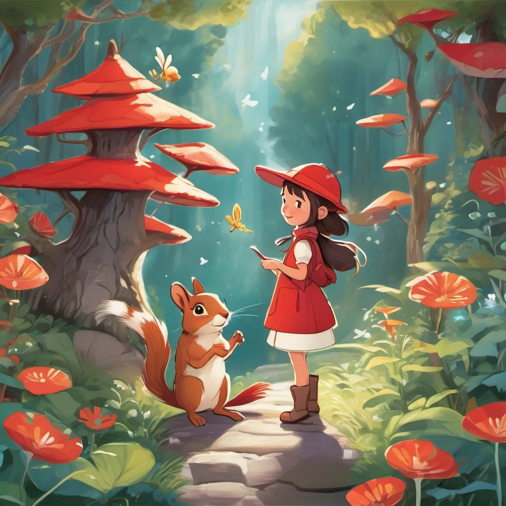A curious young girl with a bright red hat, adventurous and full of wonder, A tiny fairy with dragonfly wings, sweet voice, sparkly appearance, and A friendly talking squirrel, always helpful and cheerful, leading the way in adventures embarking on new adventures from the Whimsy Tree, amidst a backdrop of magical whimsy.