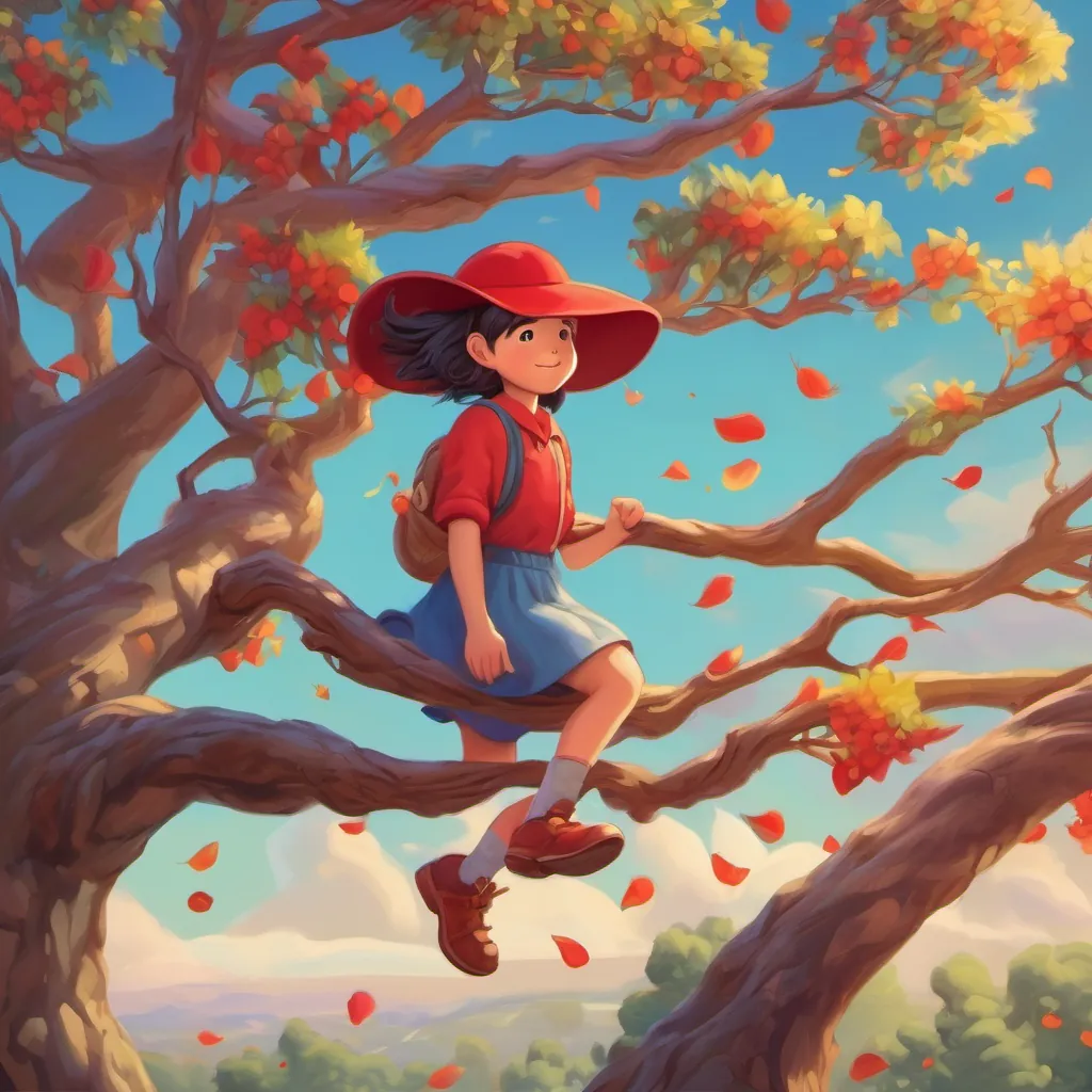 A young girl with a bright red hat climbing the branches of the Whimsy Tree.