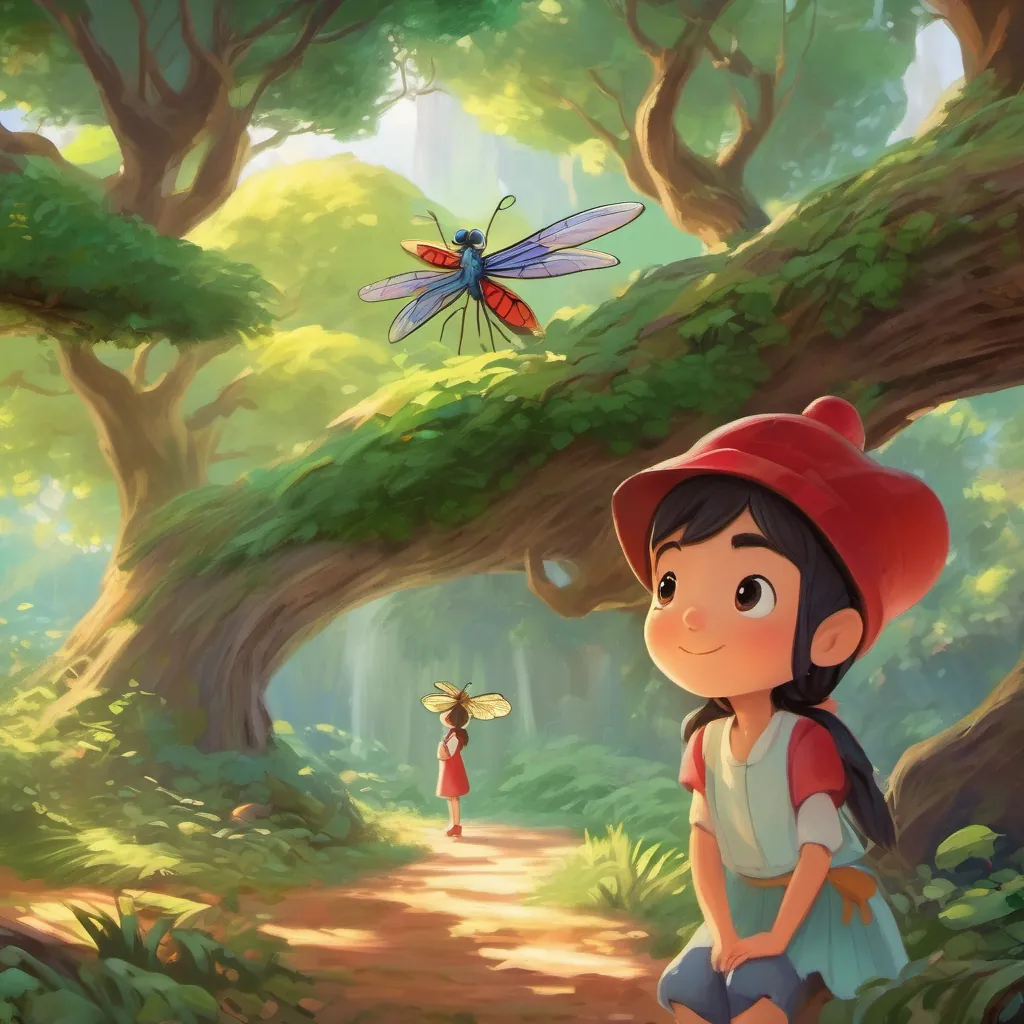 A small fairy with dragonfly wings, appearing in front of a curious girl wearing a red hat in the tree.