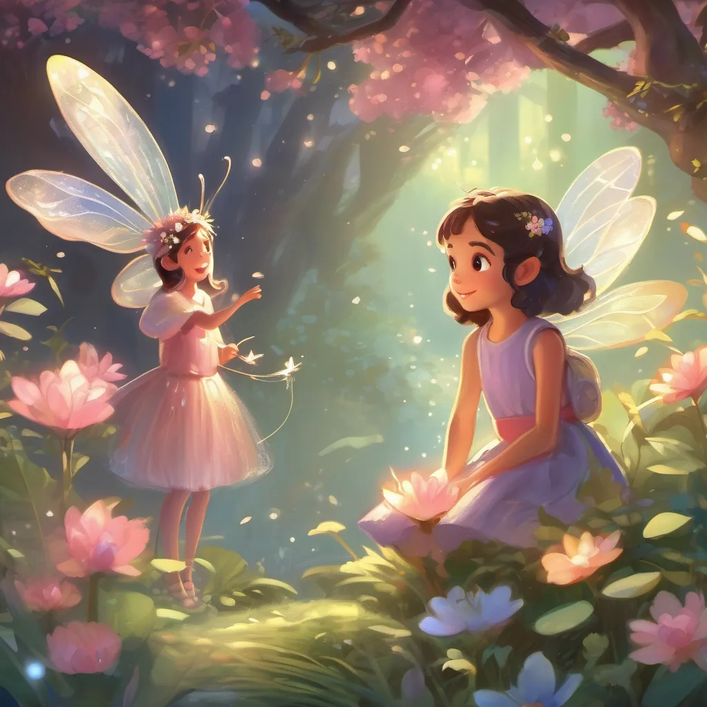 A tiny fairy named A tiny fairy with dragonfly wings, sweet voice, sparkly appearance talking to the girl, with sparkly wings and a sweet, inviting expression.