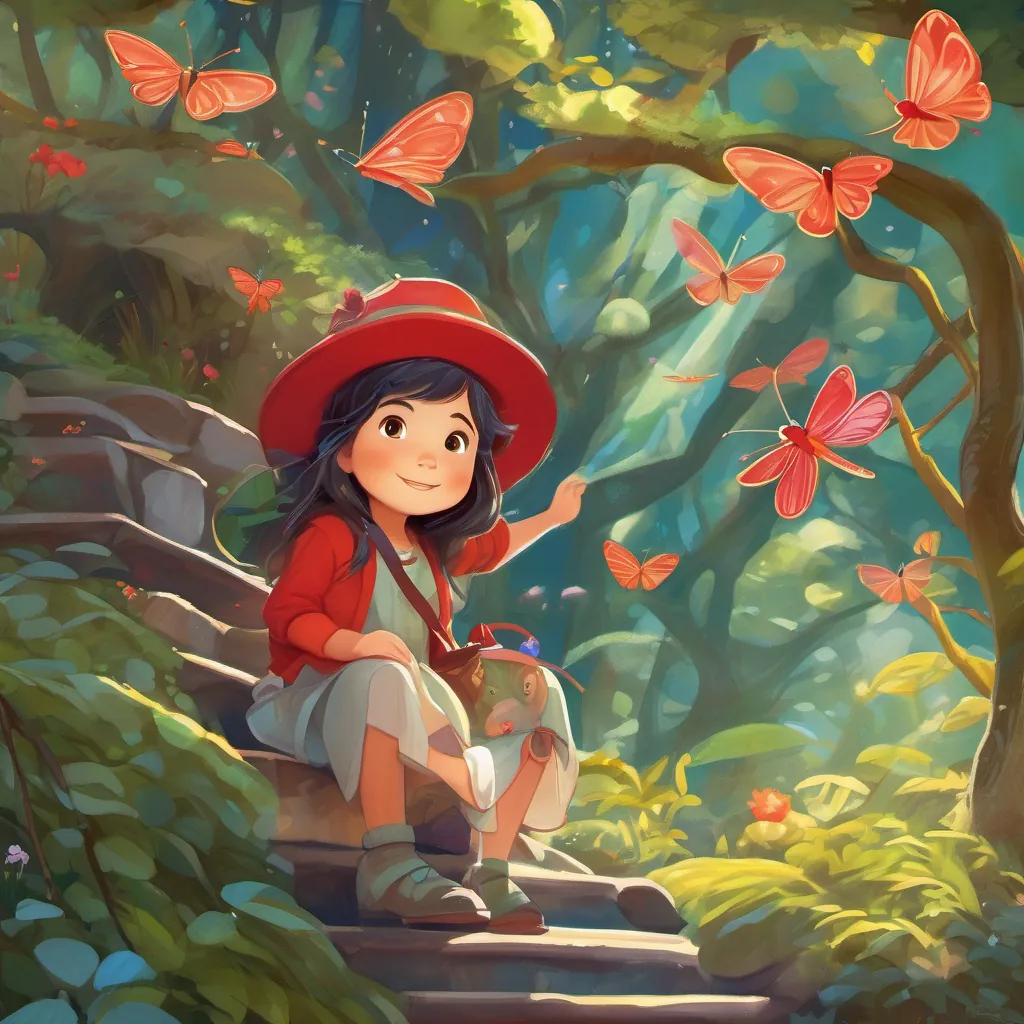 The Whimsy Tree branches forming a magical staircase leading to a hidden realm, with A curious young girl with a bright red hat, adventurous and full of wonder and A tiny fairy with dragonfly wings, sweet voice, sparkly appearance about to embark on their adventure.