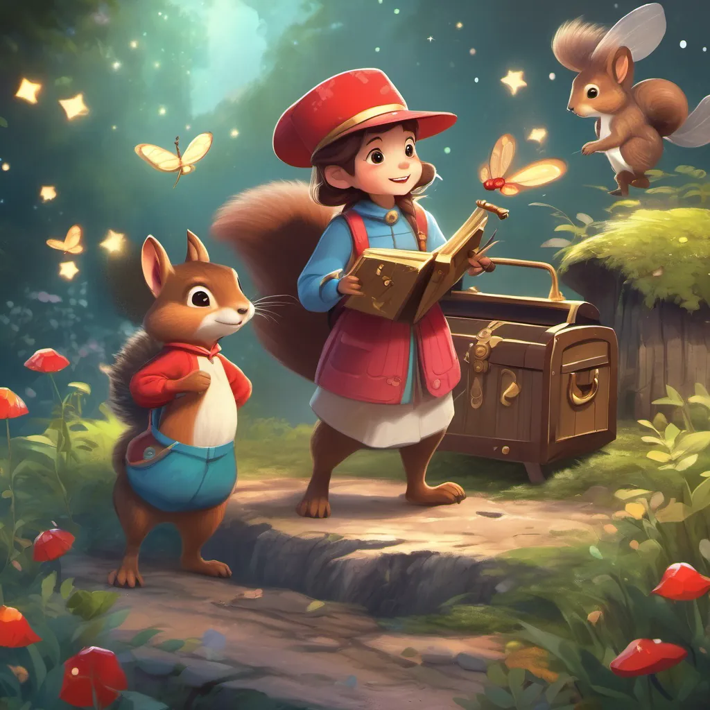A talking squirrel leading A curious young girl with a bright red hat, adventurous and full of wonder and A tiny fairy with dragonfly wings, sweet voice, sparkly appearance to a treasure chest filled with glowing stars.