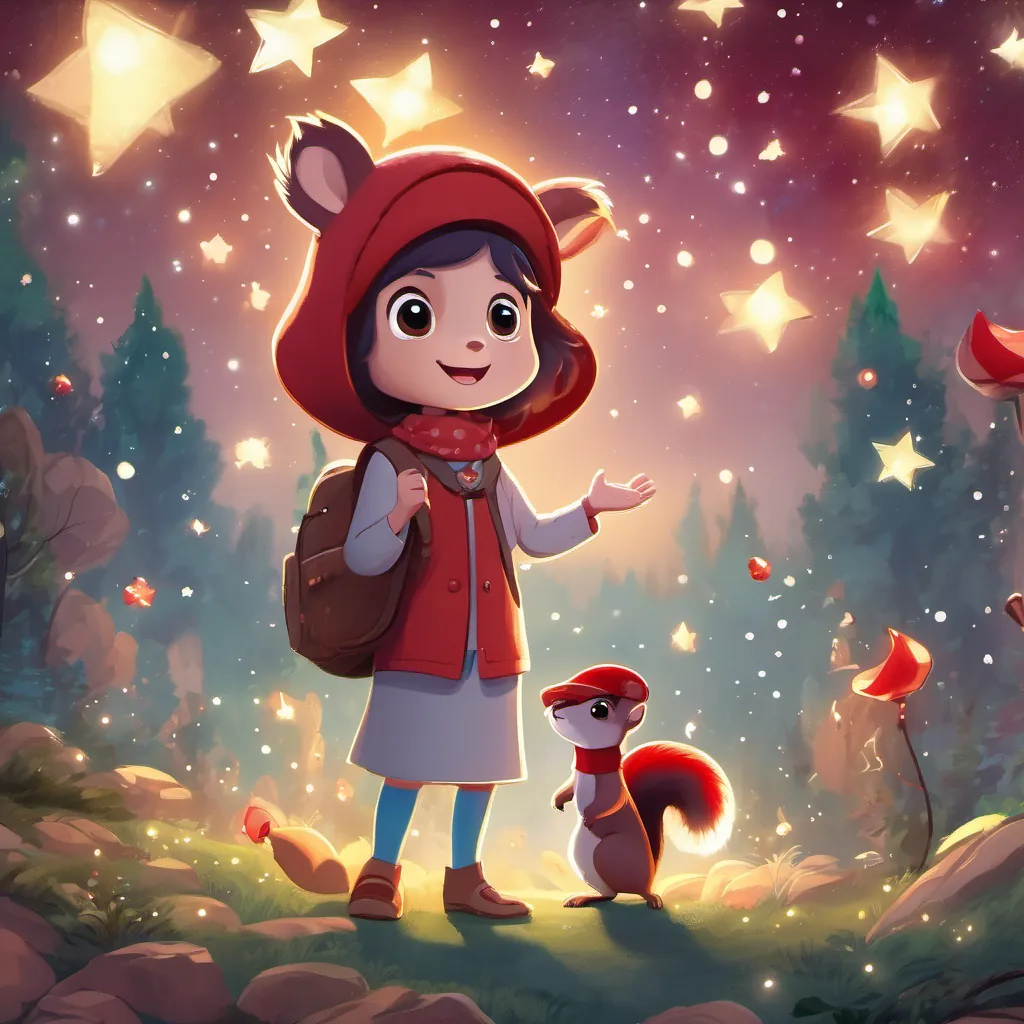 The squirrel explaining the wishes to an excited A curious young girl with a bright red hat, adventurous and full of wonder, with the glowing stars in the background.