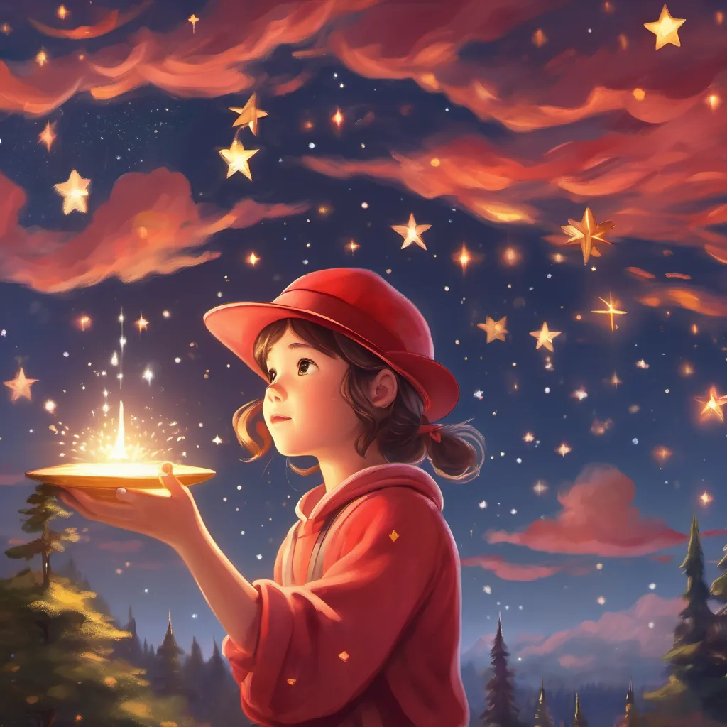 A curious young girl with a bright red hat, adventurous and full of wonder making a wish, with stars rising and twinkling in the sky above her.