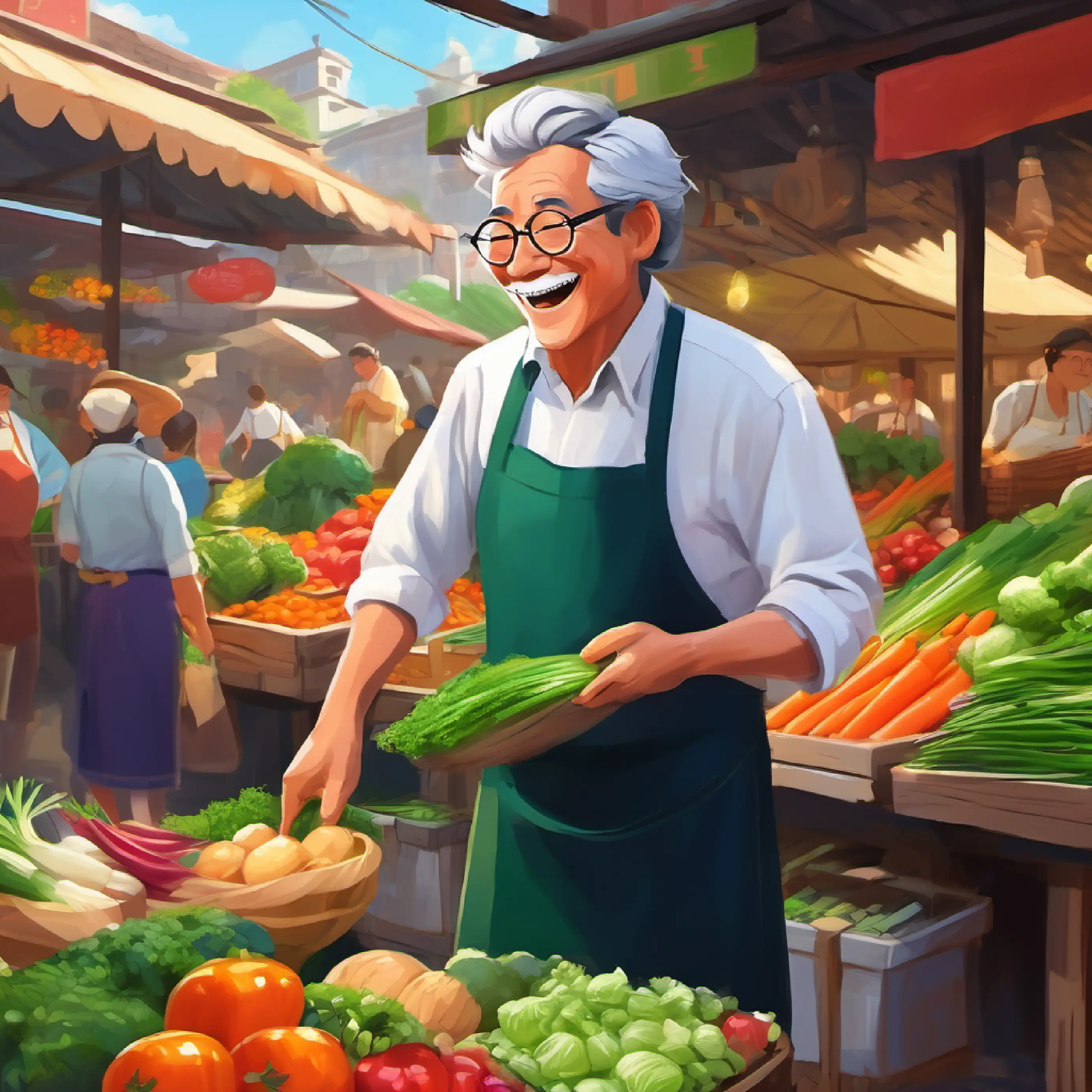 Busy city market, colorful, Wise vendor, apron, graying hair, laugh lines, spectacles with fresh vegetables