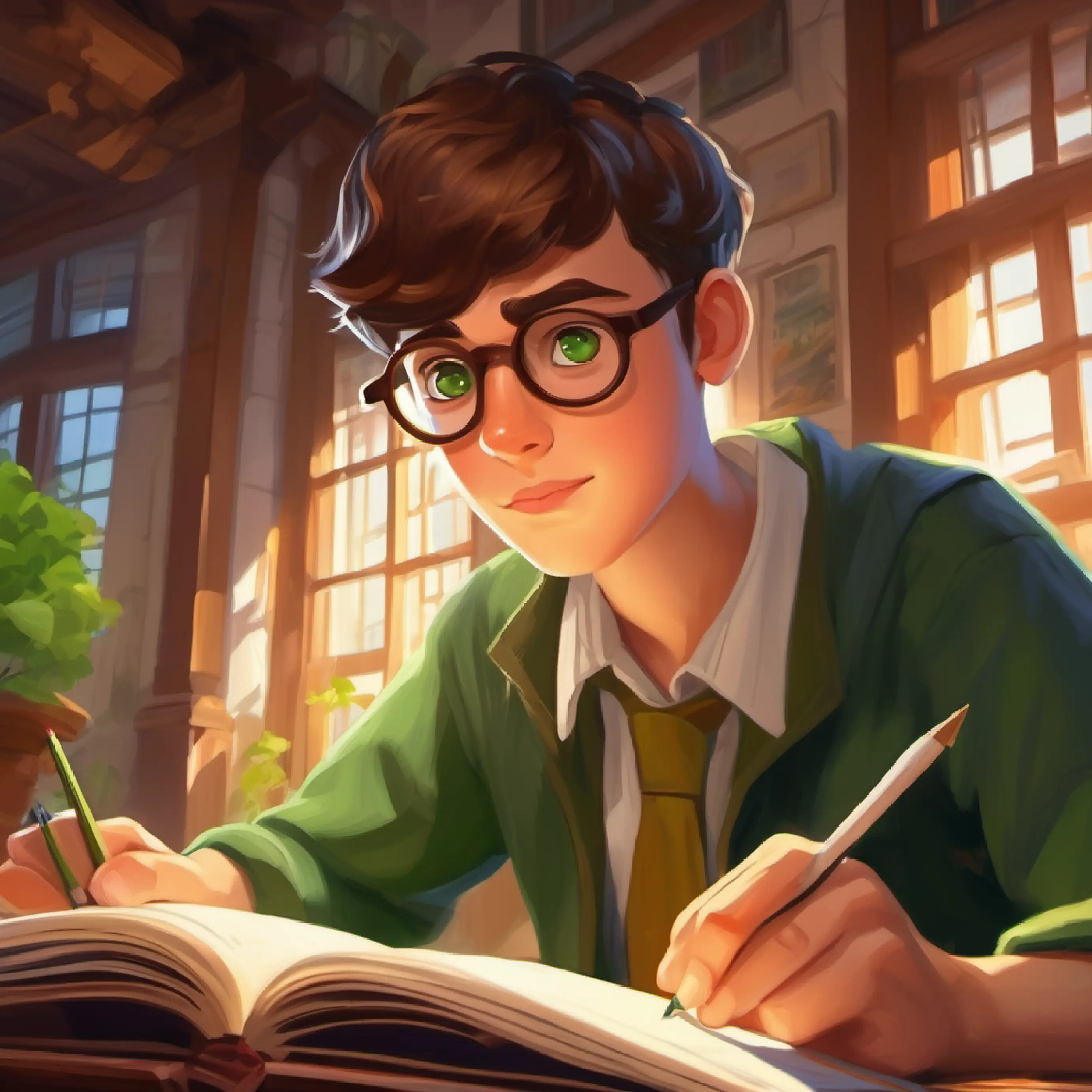 Inquisitive student, wears glasses, short brown hair, green eyes writes his assignment, inspired by the day's lesson