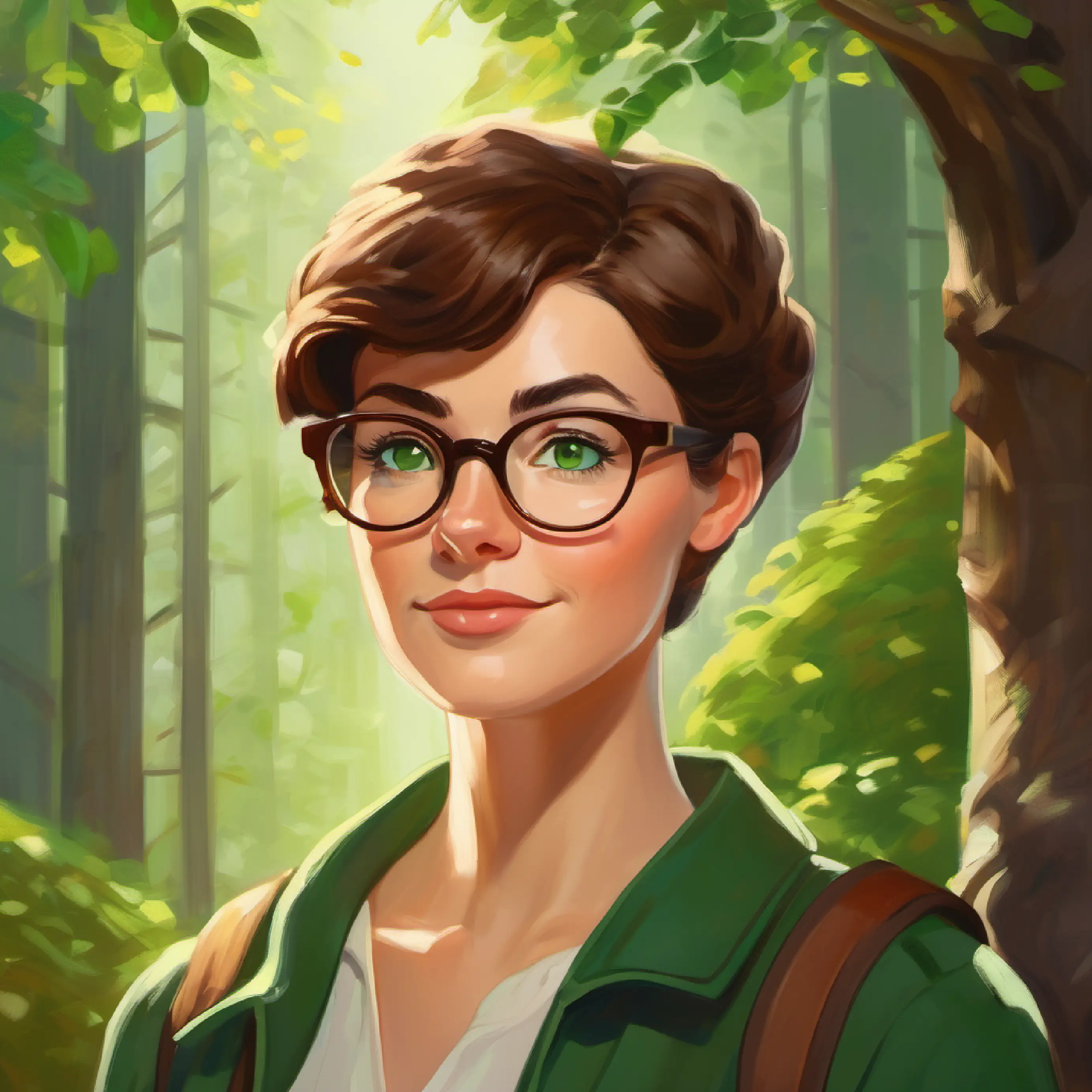 Margarete is content with sharing wisdom with Inquisitive student, wears glasses, short brown hair, green eyes