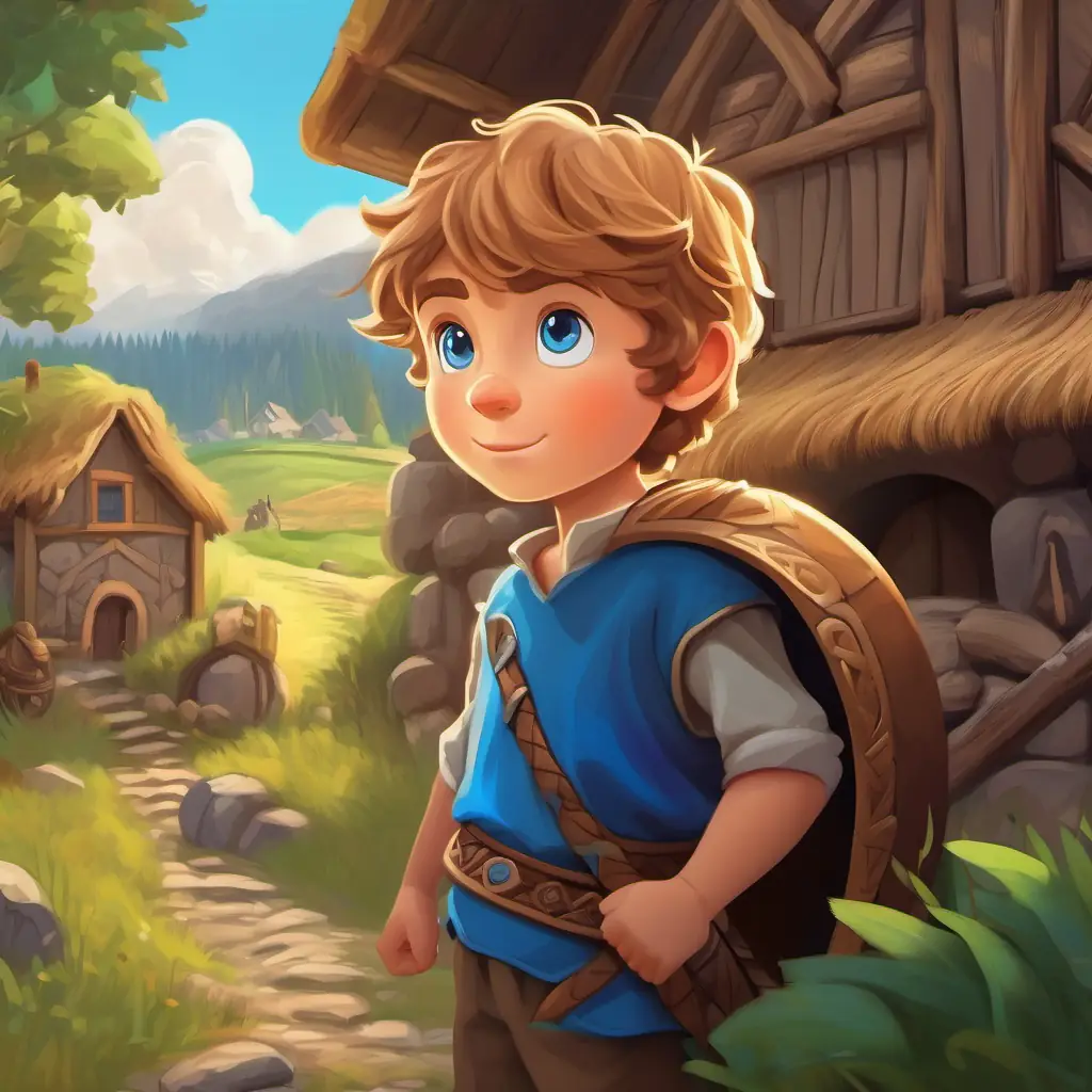 Introducing Curious boy with light brown hair, blue eyes and his longing for adventure in a Viking village.
