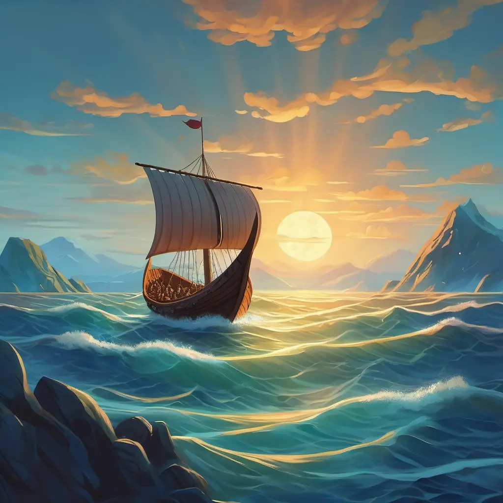 Depiction of the Viking ship setting sail across the vast ocean.