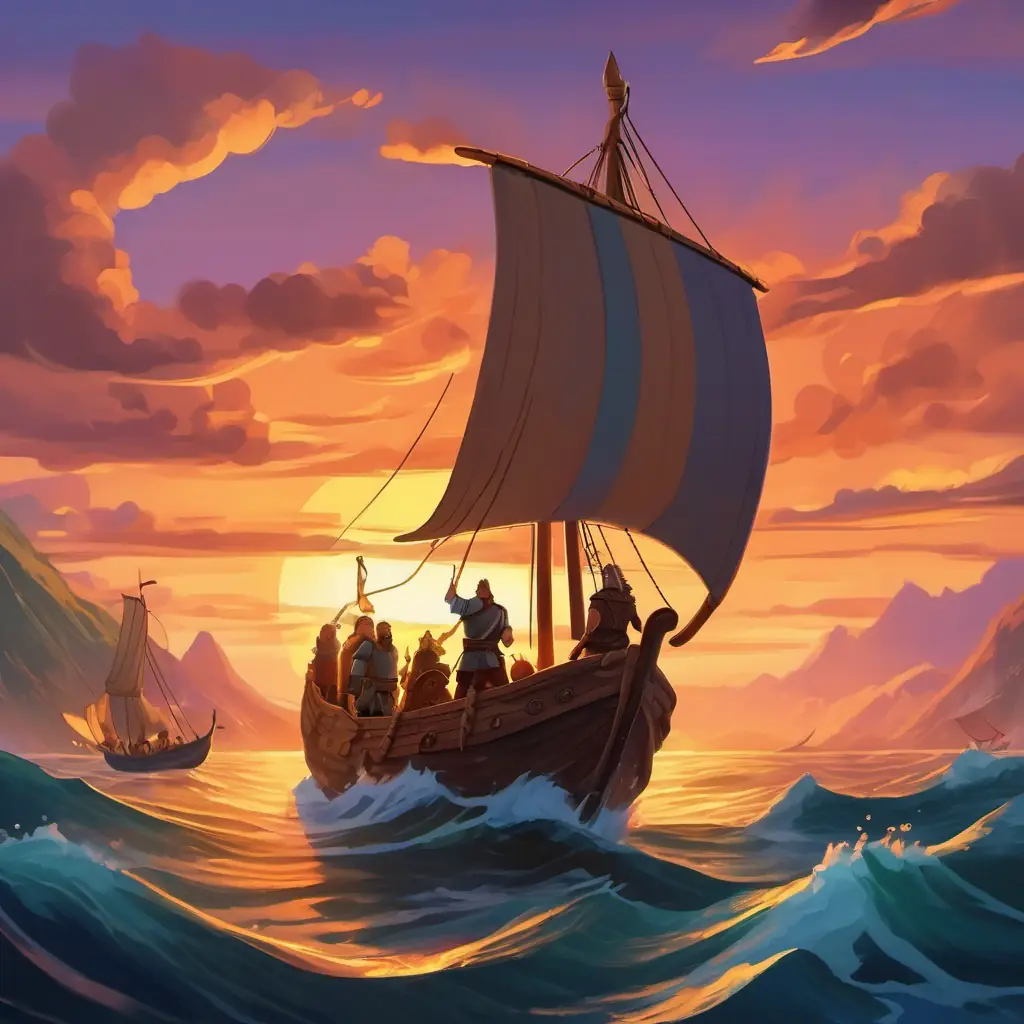 Description of the sunset scene during the sea voyage and the perseverance of the Viking family.