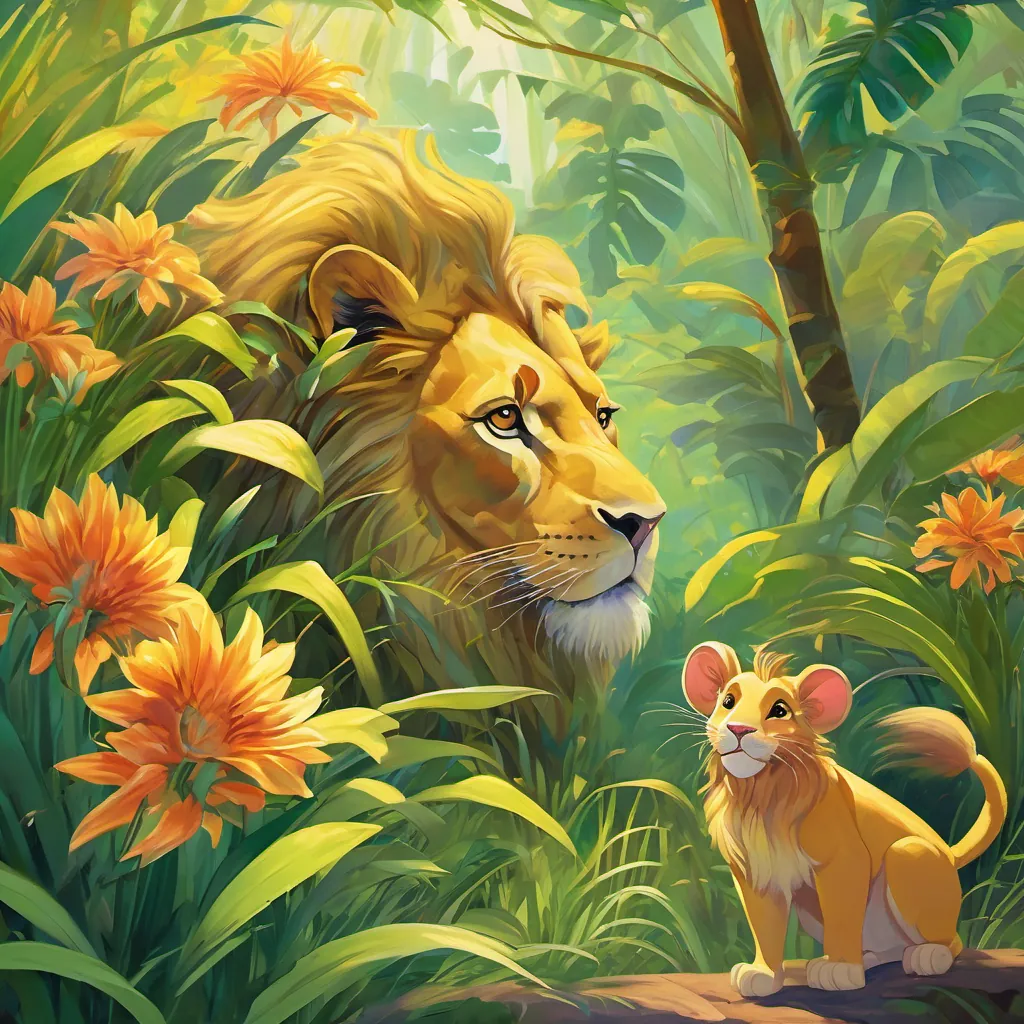 A lush, colorful jungle with a majestic A majestic golden lion with a bright mane, looks strong yet friendly basking in the sunlight and a tiny A small, clever rat with bright eyes and a cheerful expression peeking out from behind a tall blade of grass.