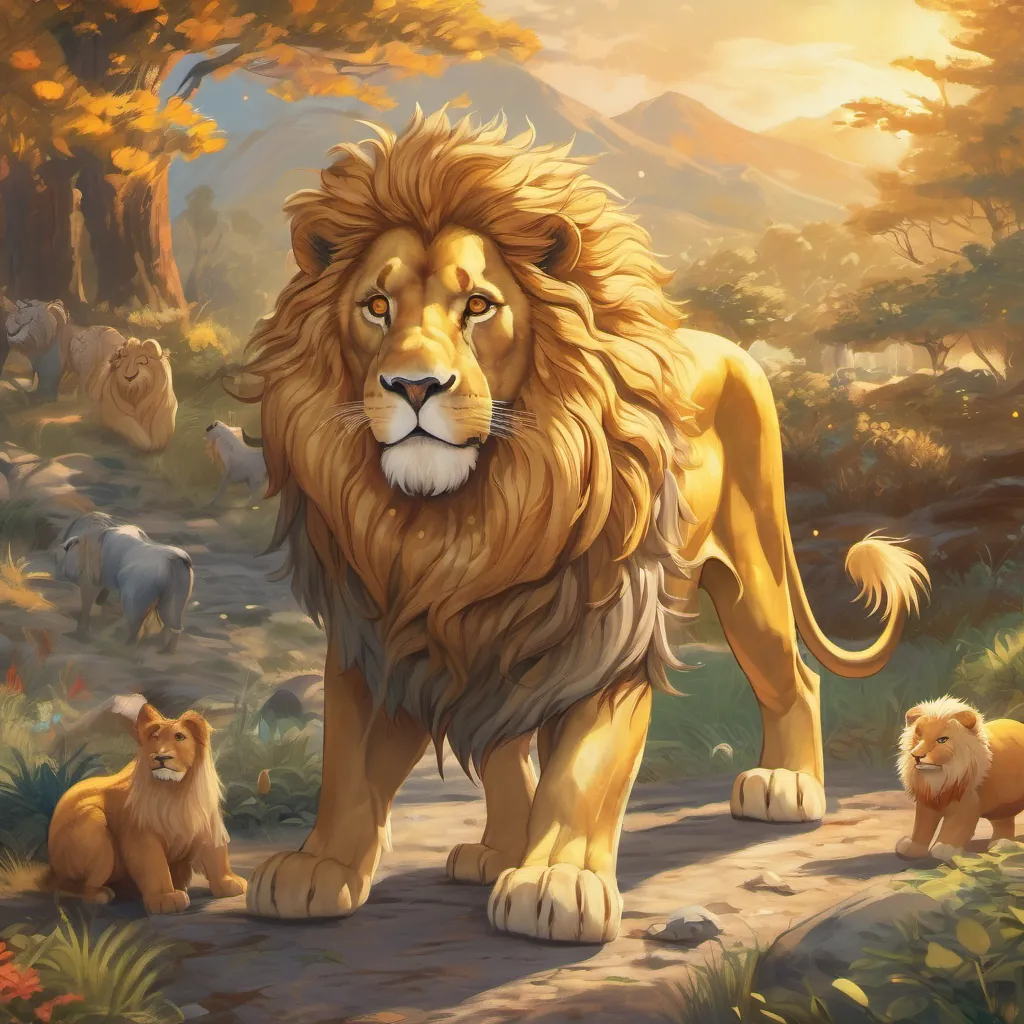 A large A majestic golden lion with a bright mane, looks strong yet friendly with a knotted tail, looking distressed and asking for help, surrounded by small animals.