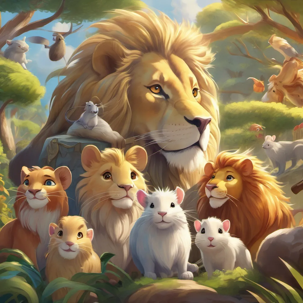 The A majestic golden lion with a bright mane, looks strong yet friendly and A small, clever rat with bright eyes and a cheerful expression surrounded by other animals as they share their story, spreading a message of kindness and teamwork.
