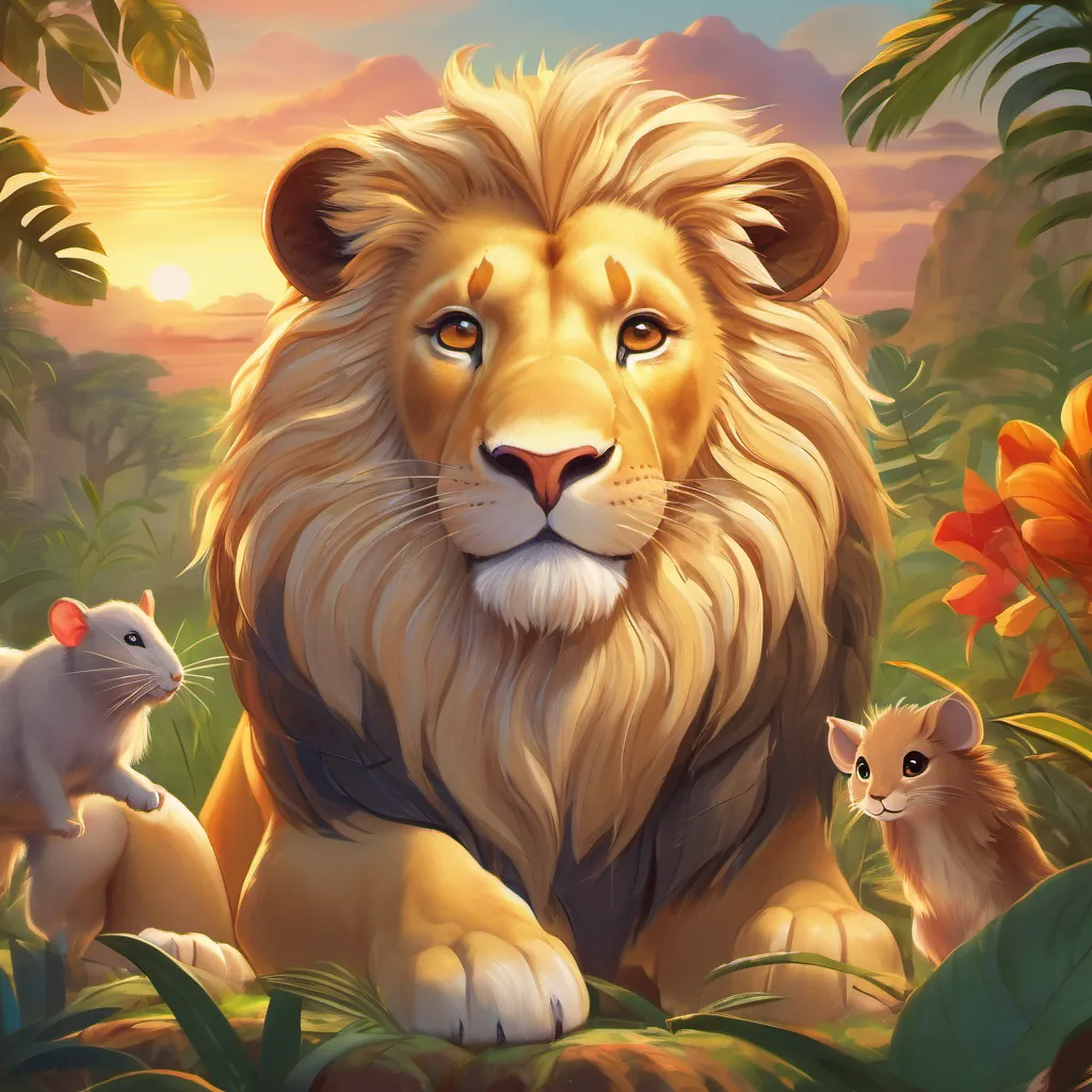 The A majestic golden lion with a bright mane, looks strong yet friendly and the A small, clever rat with bright eyes and a cheerful expression playing happily, joined by other jungle animals, with a warm sunset in the background.