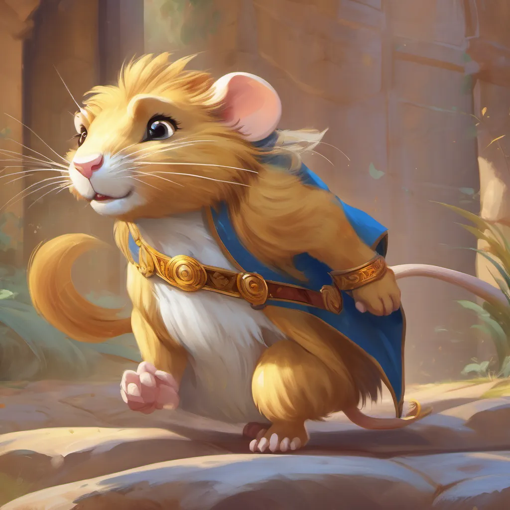 A brave little A small, clever rat with bright eyes and a cheerful expression pulling at the A majestic golden lion with a bright mane, looks strong yet friendly's tail, looking determined but struggling.