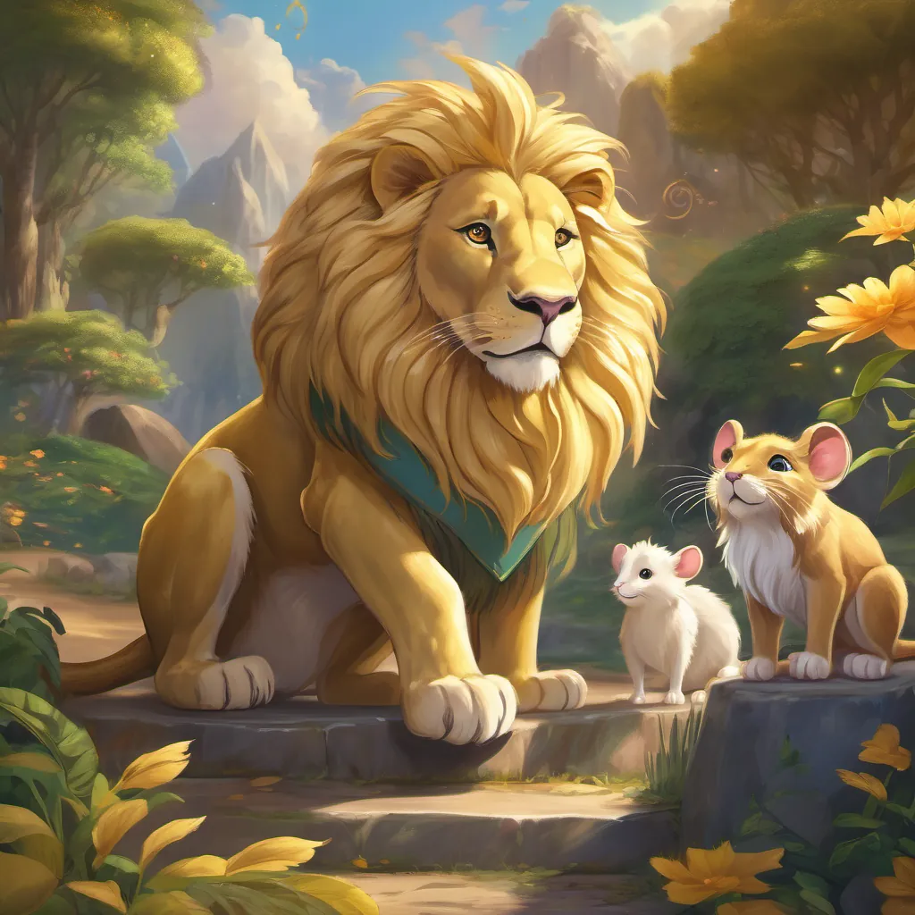 The A majestic golden lion with a bright mane, looks strong yet friendly looking worried while the A small, clever rat with bright eyes and a cheerful expression is speaking confidently, with a twinkle in her eye.