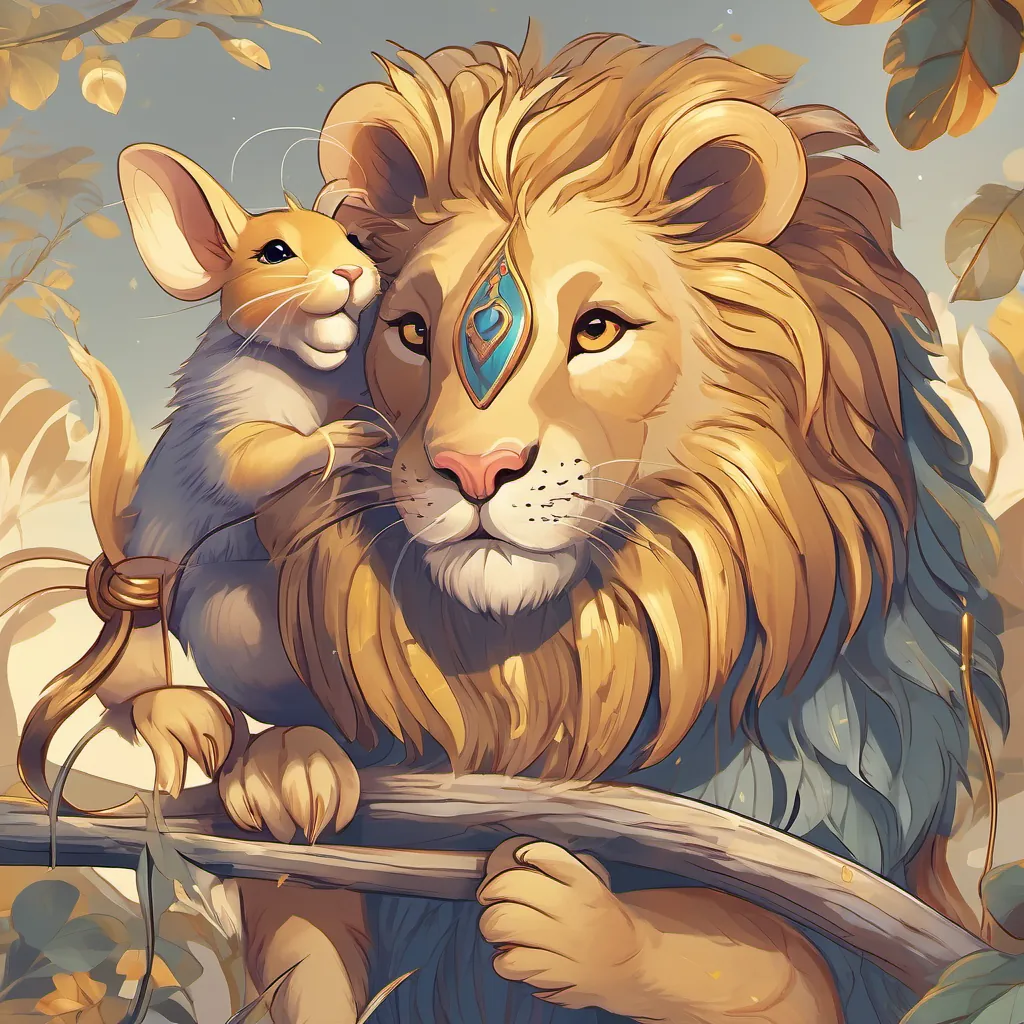 The A small, clever rat with bright eyes and a cheerful expression using a stick to untie the A majestic golden lion with a bright mane, looks strong yet friendly's tail while the A majestic golden lion with a bright mane, looks strong yet friendly looks hopeful and happy.
