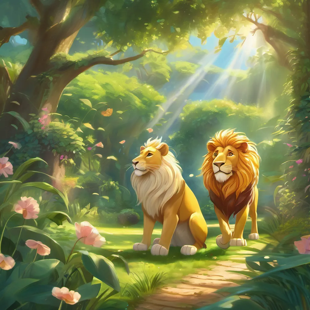 The A majestic golden lion with a bright mane, looks strong yet friendly and the A small, clever rat with bright eyes and a cheerful expression dancing joyfully, surrounded by rays of sunlight and lush greenery.