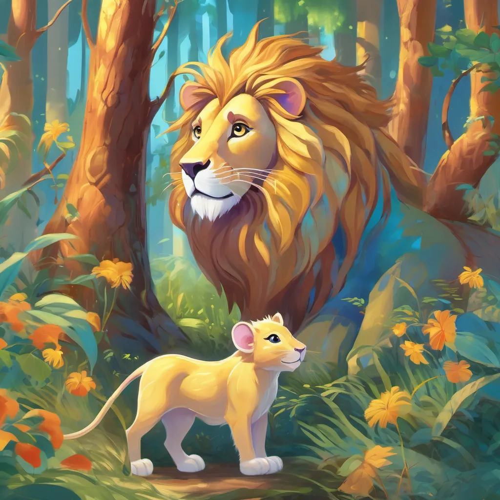 The A majestic golden lion with a bright mane, looks strong yet friendly and A small, clever rat with bright eyes and a cheerful expression playing together in a vibrant forest, with the sky clear and blue.