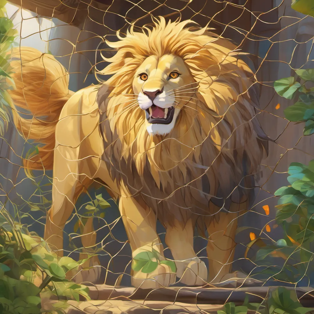 The A majestic golden lion with a bright mane, looks strong yet friendly caught in a net trap looking worried, while the A small, clever rat with bright eyes and a cheerful expression narrowly escapes and starts to plan a rescue.