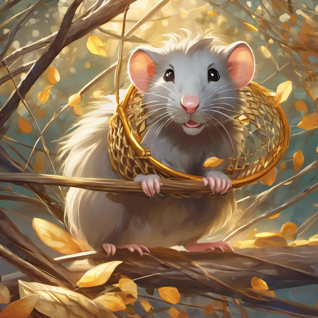 The A small, clever rat with bright eyes and a cheerful expression using its small sharp teeth to chew through the net, freeing the A majestic golden lion with a bright mane, looks strong yet friendly who looks relieved.