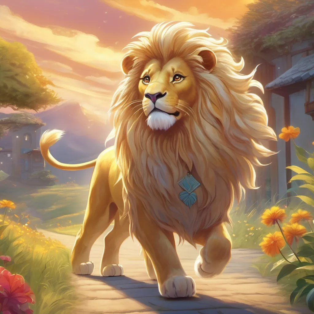 The A majestic golden lion with a bright mane, looks strong yet friendly and A small, clever rat with bright eyes and a cheerful expression walking together happily back to their home, singing and smiling.
