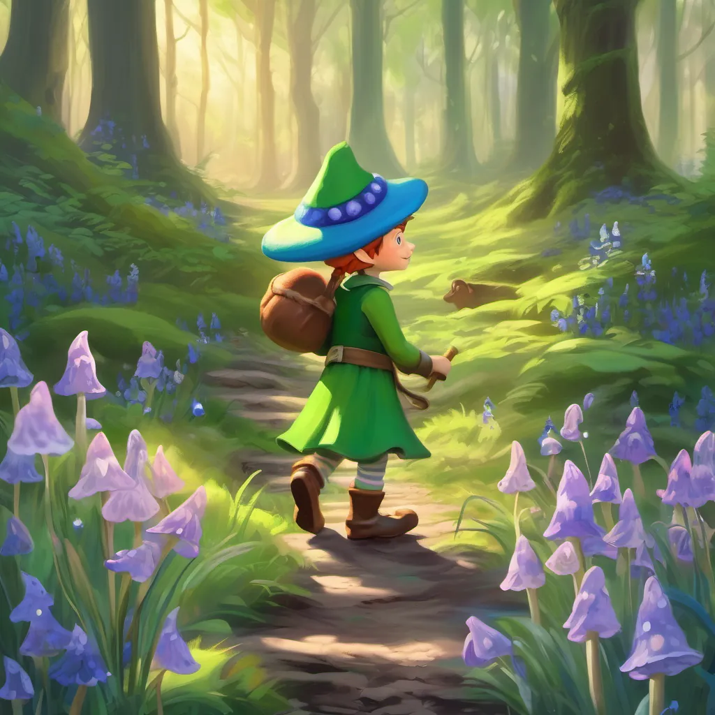 a whimsical elf with a green hat in a magical forest filled with bluebells and toadstools, with a bright morning light