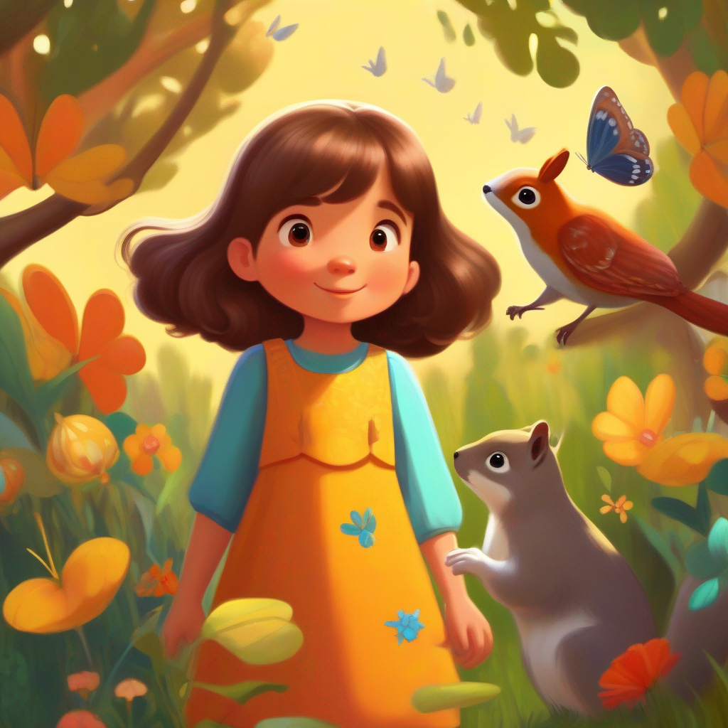 Little girl with brown hair, wearing a colorful dress talking to a bird, a squirrel, and a butterfly
