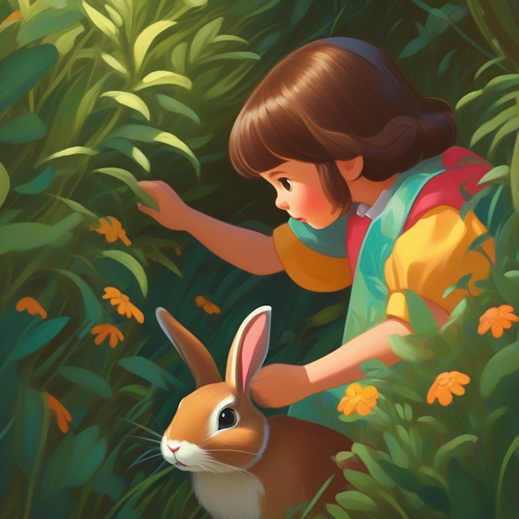 Little girl with brown hair, wearing a colorful dress helping a rabbit trapped in a bush