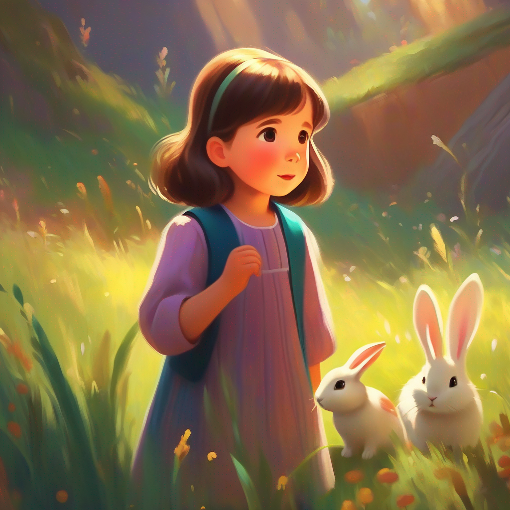 Little girl with brown hair, wearing a colorful dress listening to the rabbit's explanation and freeing it