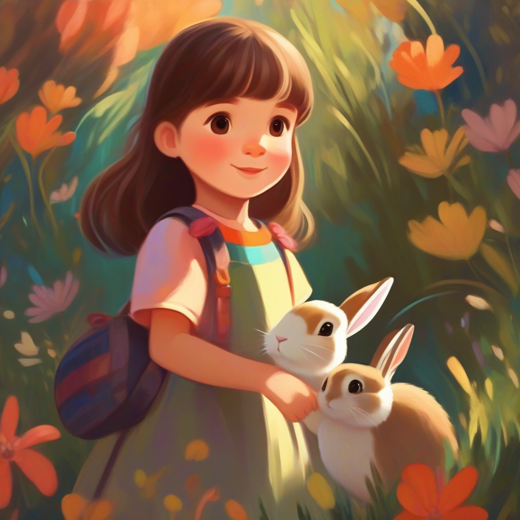 Little girl with brown hair, wearing a colorful dress and the rabbit became best friends