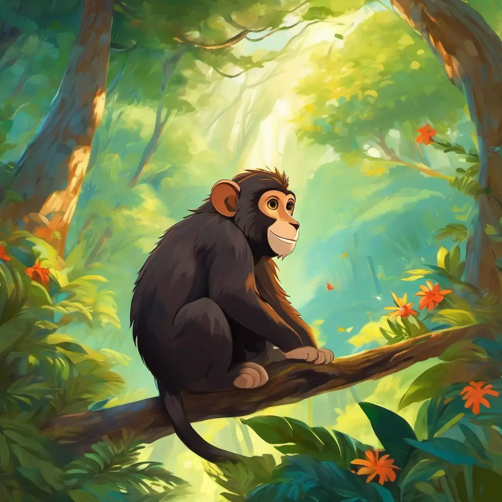 Cabelos castanhos, olhos azuis, pele clara, sorridente e curioso na floresta com o macaco falante Chico, árvores e animais falantes