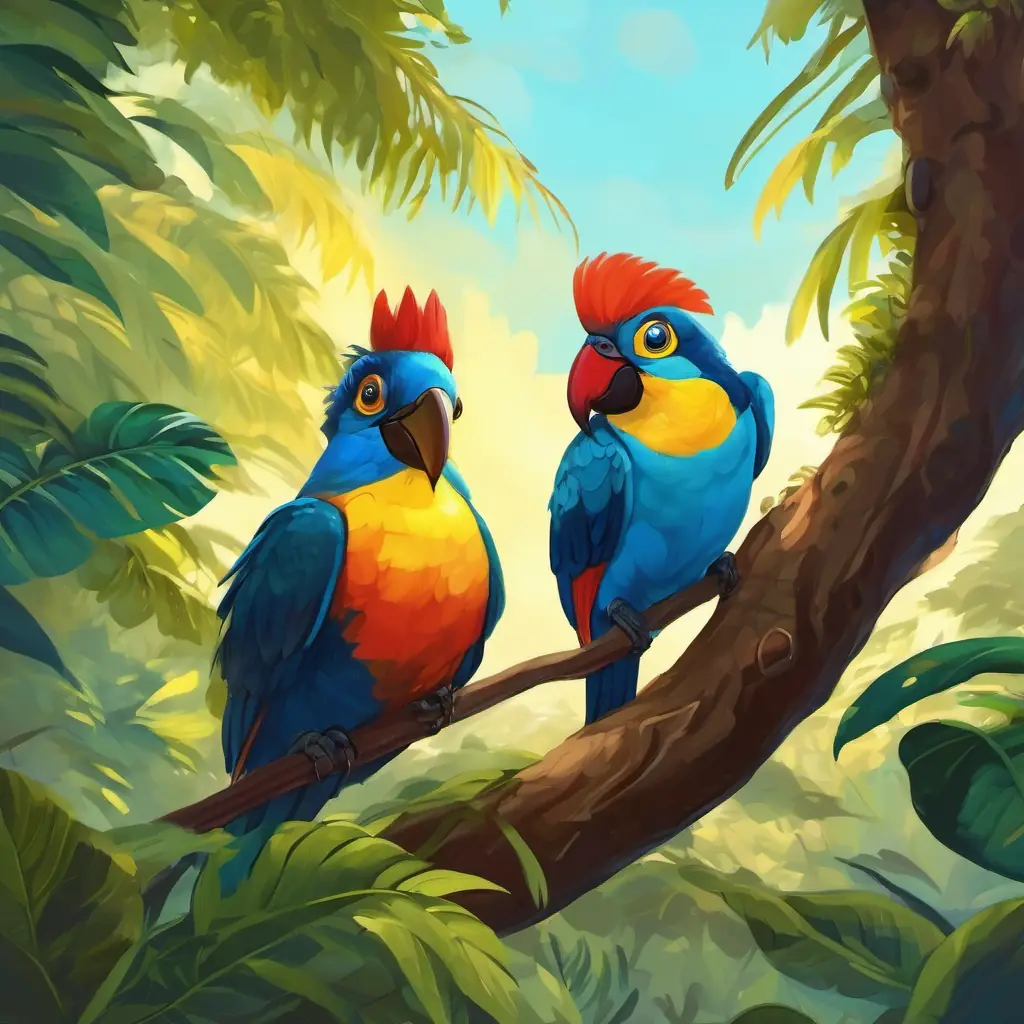 Cabelos castanhos, olhos azuis, pele clara, sorridente e curioso, Chico, esquilo, tucano e sapo em diferentes locais da floresta