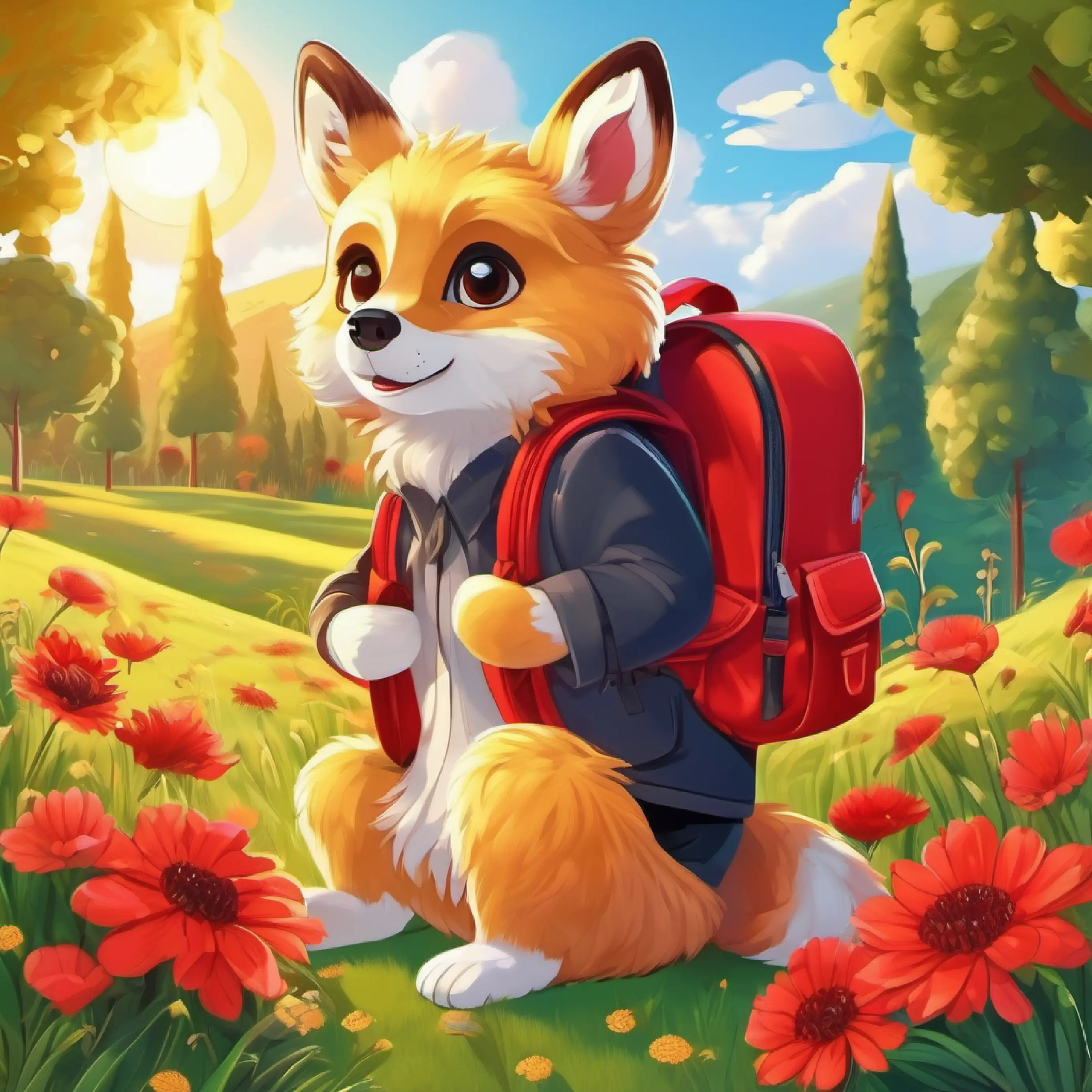 Golden fur, round black eyes, wearing a red backpack gets ready for school, setting is a sunny field.