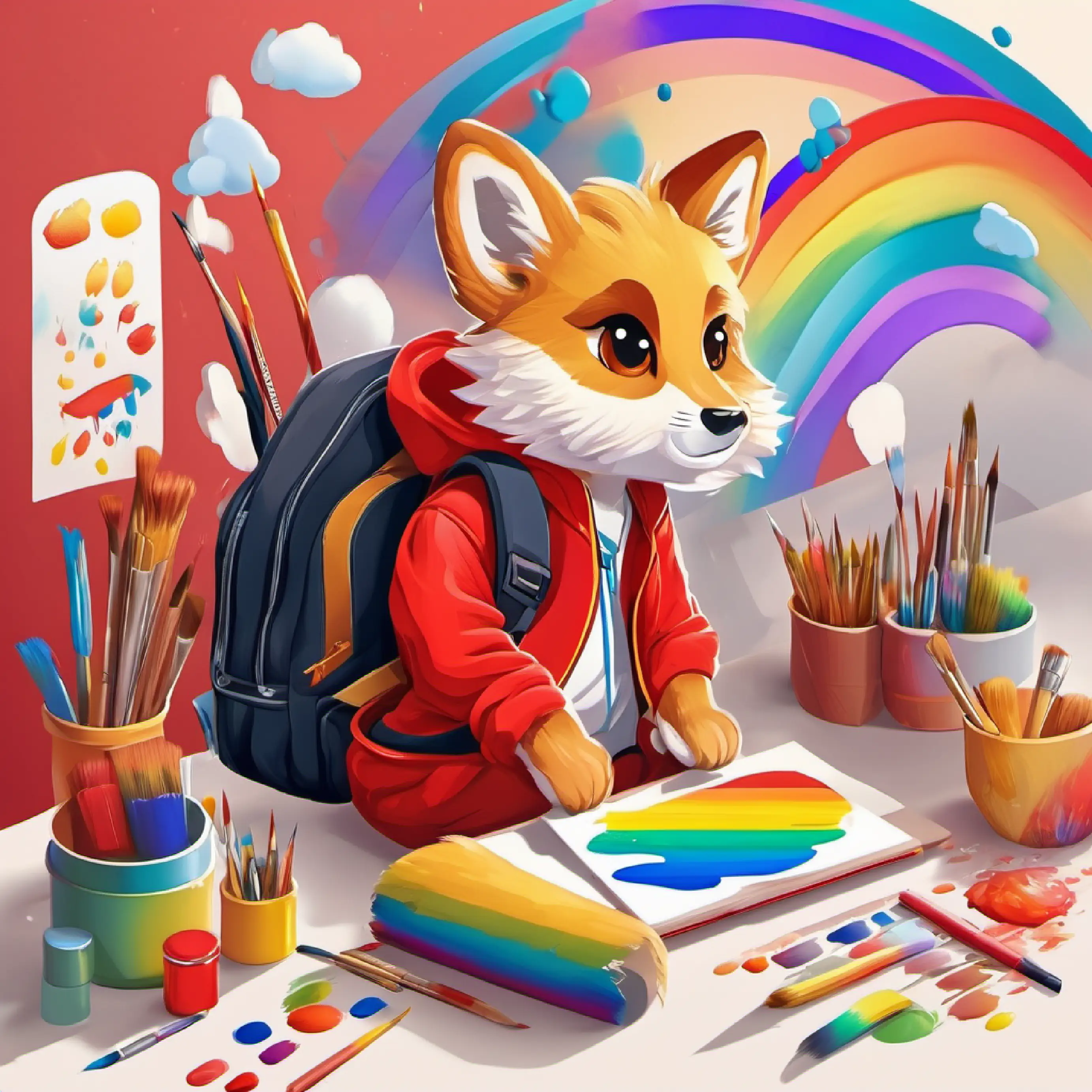 Afternoon art class, Golden fur, round black eyes, wearing a red backpack paints a rainbow.