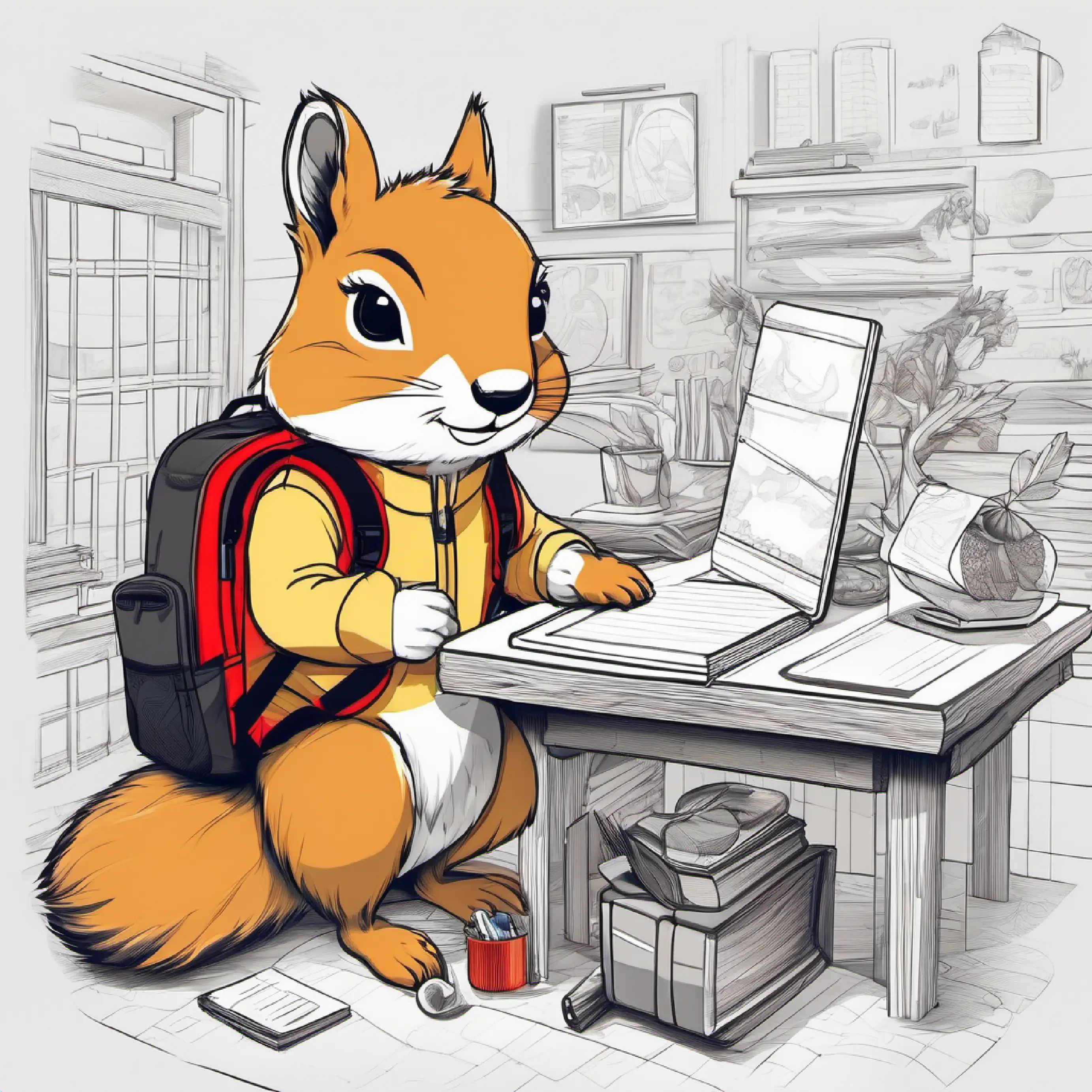 Golden fur, round black eyes, wearing a red backpack sits at his desk next to a squirrel in class.