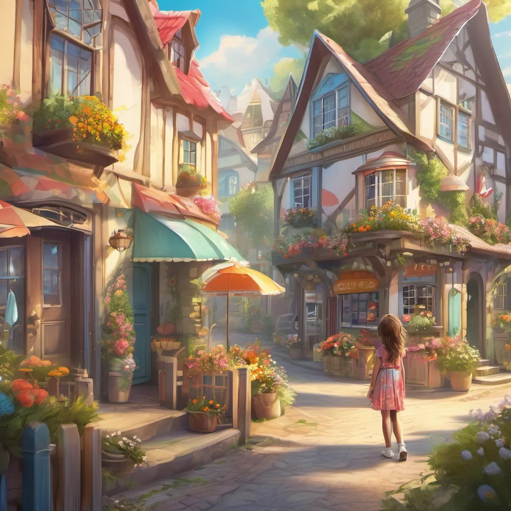 A sunny, vibrant town with a whimsical, cottage-style architecture and a cheerful young girl with a twinkle in her eye standing at the town's edge.