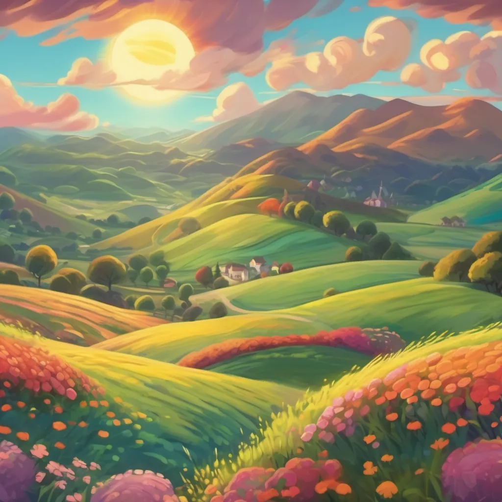 A colorful fantasy landscape with whimsical, rolling hills and a bright, cheerful sun rising over the horizon.