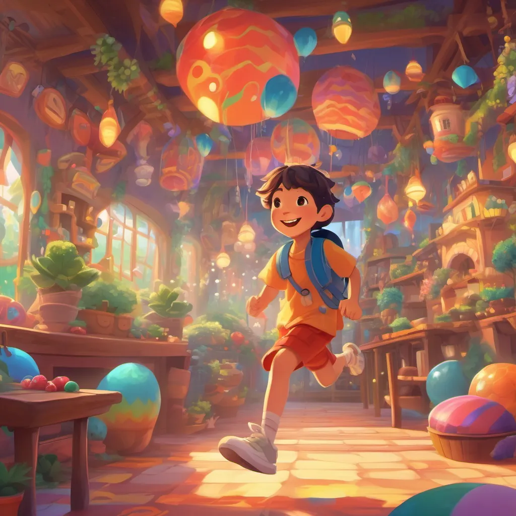 A young, cheerful character with a big smile bouncing joyfully through a vibrant, fantastical environment.