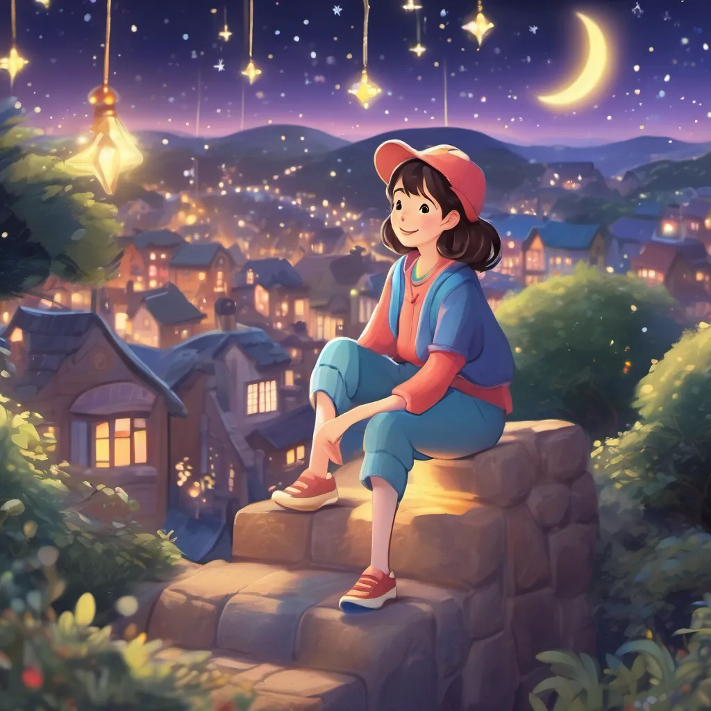 A serene nighttime setting with A playful, whimsical character with a big, friendly smile, wearing colorful clothes and bouncing happily in a playful manner and friends looking up at a starry sky, feeling cozy and content.