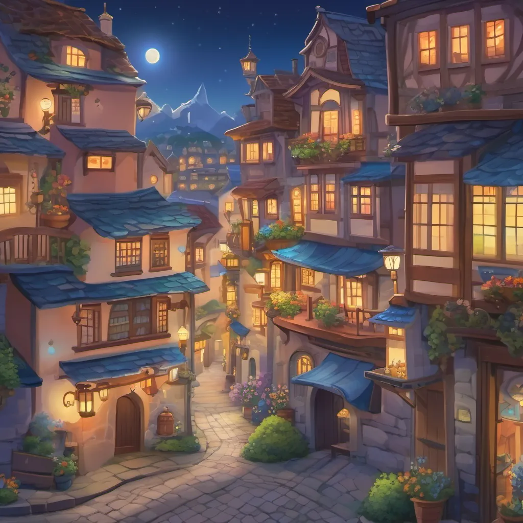 A peaceful, whimsical town of Poppleblue under the moonlight, promising new adventures with the coming dawn.