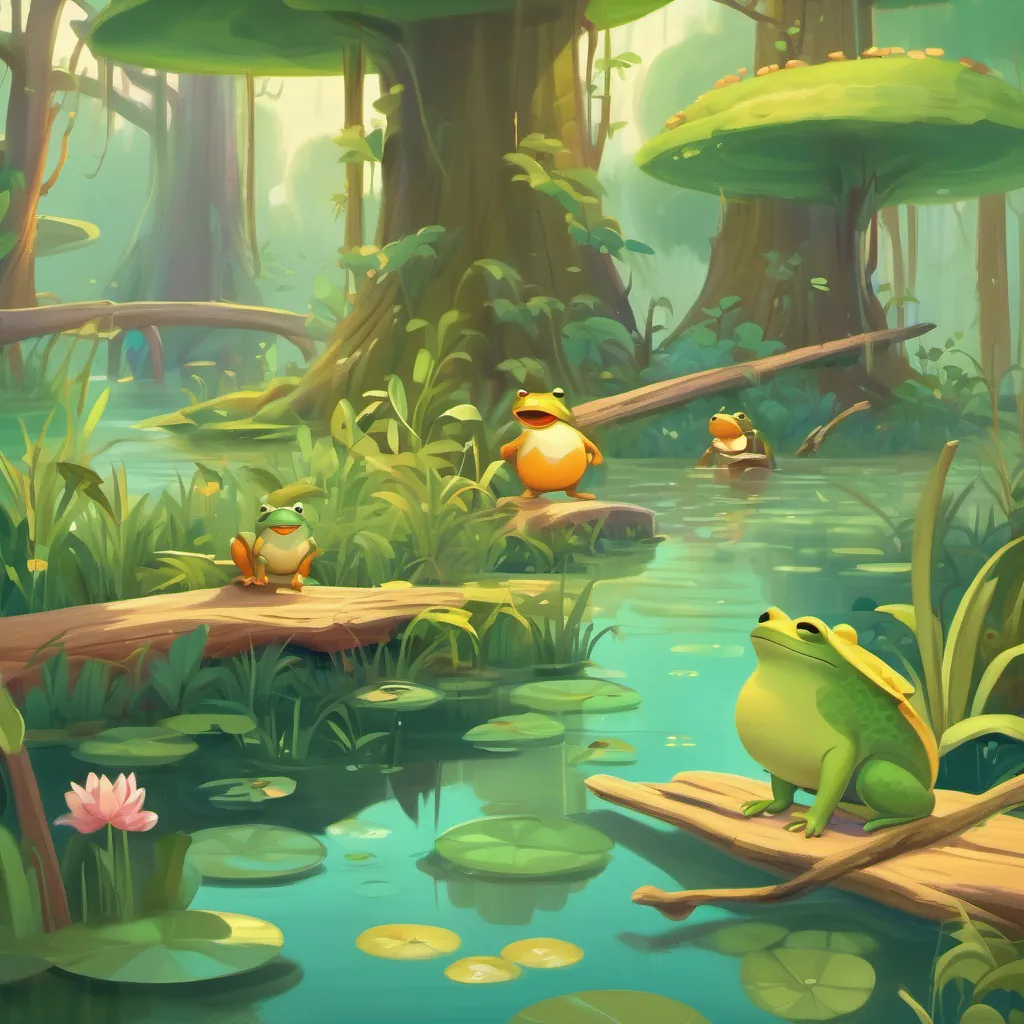 An enchanting, whimsical swamp with dancing frogs and dogs wearing clogs.