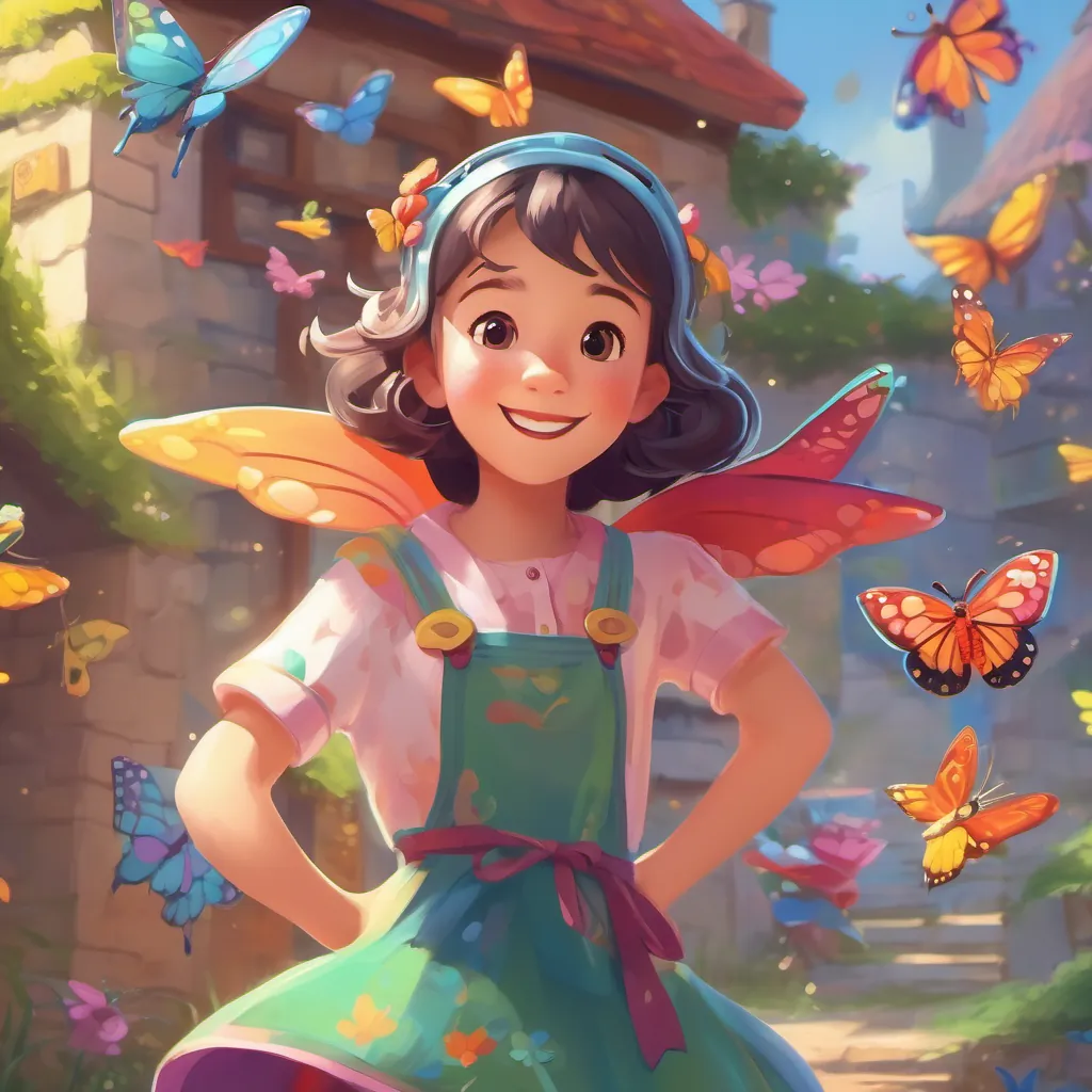 A friendly butterfly with vibrant colors making eye contact with the main character, A playful, whimsical character with a big, friendly smile, wearing colorful clothes and bouncing happily in a playful manner, in a lively, animated pose.