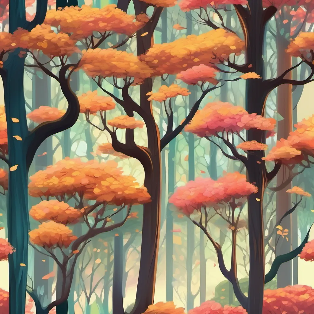 A forest of whimsical, glowing trees with leaves that appear to be waving in the breeze.