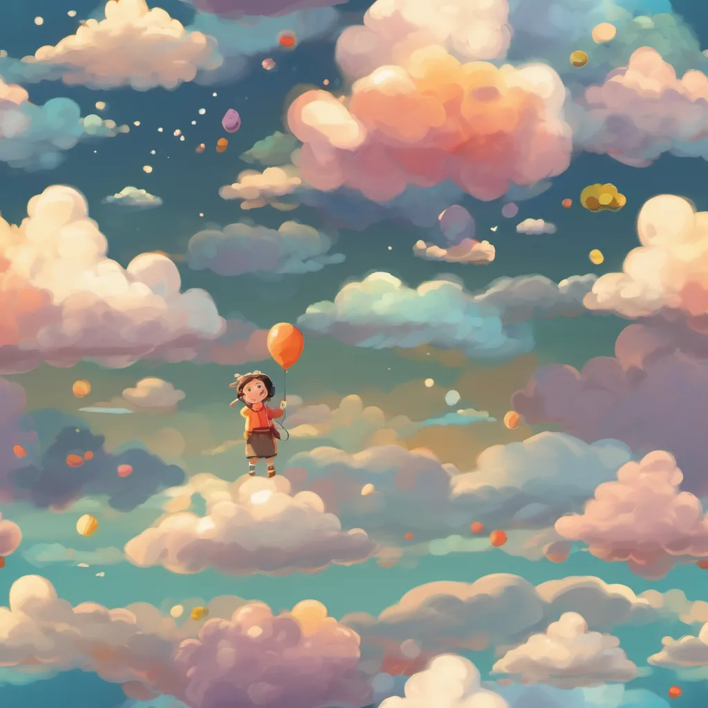 Soft, cartoonish clouds in a sky full of gentle, floating tufts, with A playful, whimsical character with a big, friendly smile, wearing colorful clothes and bouncing happily in a playful manner joyfully walking among them.