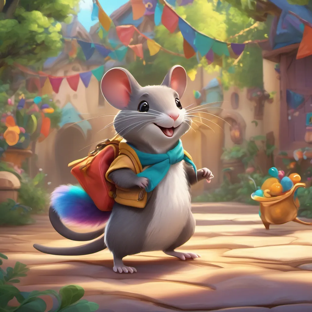 A playful, cartoon shrew wearing shoes, energetically interacting with A playful, whimsical character with a big, friendly smile, wearing colorful clothes and bouncing happily in a playful manner amidst a whimsical setting.